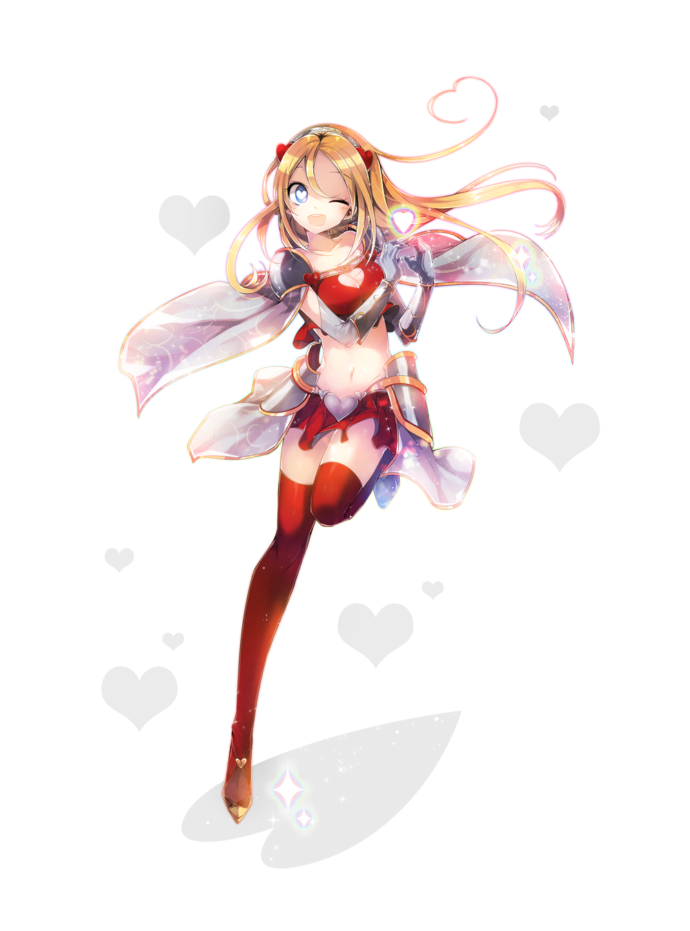 1girl :d blue_eyes bracer elbow_gloves eyebrows_visible_through_hair gloves grey_gloves hairband heart heart-shaped_pupils heart_hair heart_hands high_heels highres looking_at_viewer microskirt navel one_eye_closed open_mouth orange_hair original red_legwear red_skirt seucapeu shoes skirt smile solo symbol-shaped_pupils thigh-highs