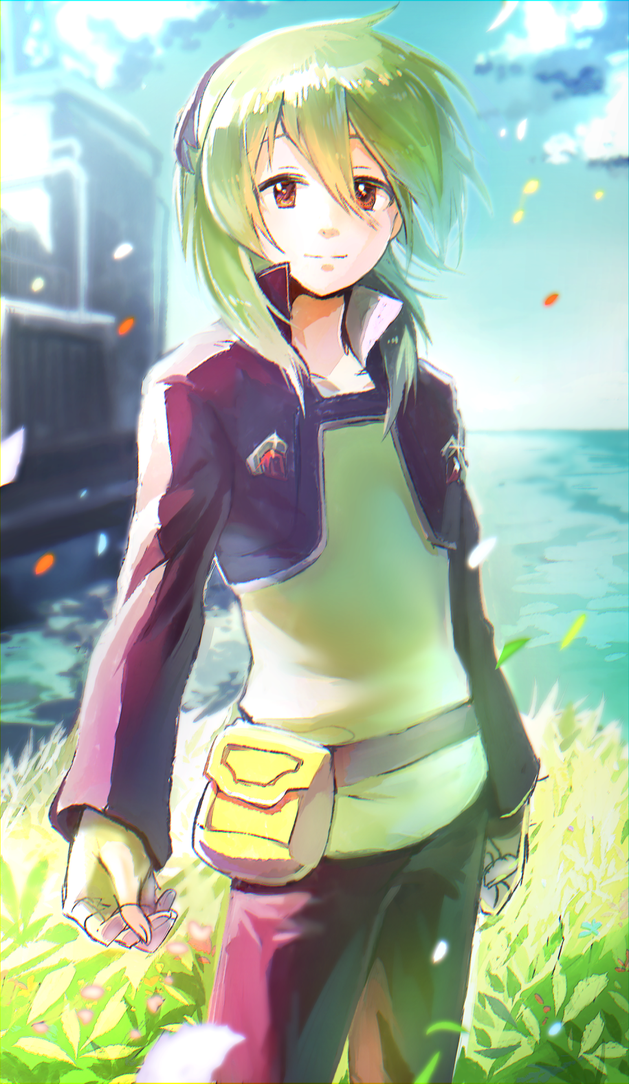 1boy androgynous brown_eyes capcom clouds cropped_jacket fingerless_gloves futaba_tsukasa gloves grass green_eyes hair_between_eyes highres leaf long_hair male_focus ocean rockman ryuusei_no_rockman sky solo standing takami_claire