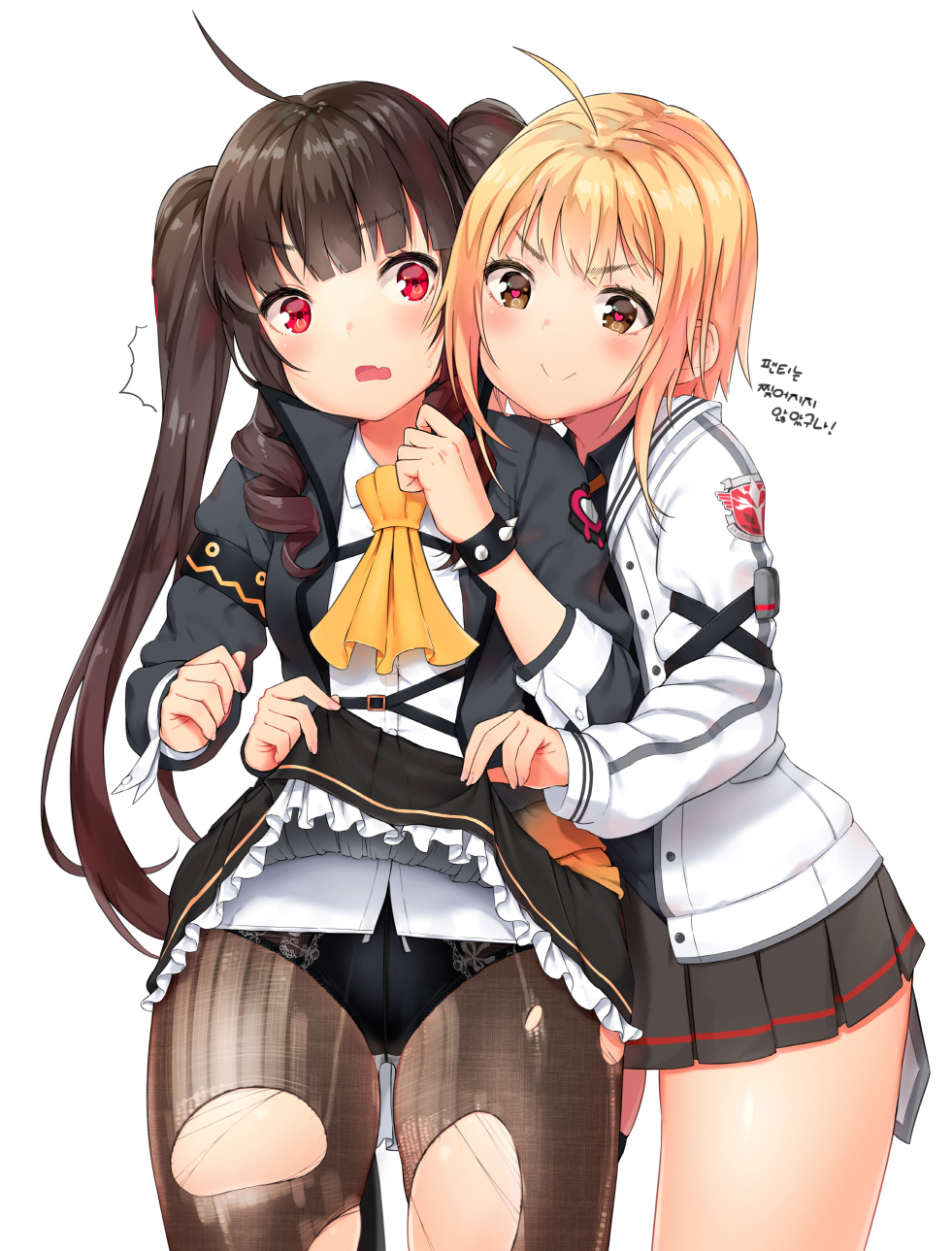 2girls agnamore ahoge ascot bangs black_jacket black_panties black_shirt black_skirt blonde_hair brown_eyes brown_legwear character_request closed_mouth collared_shirt commentary_request eyebrows_visible_through_hair fang fingernails heart heart-shaped_pupils highres jacket korean korean_commentary lifted_by_another long_hair long_sleeves multiple_girls nail_polish open_mouth orange_neckwear panties pantyhose pink_nails pleated_skirt red_eyes ringlets shirt simple_background skirt skirt_lift smile soul_worker symbol-shaped_pupils torn_clothes torn_pantyhose translation_request twintails underwear very_long_hair white_background white_jacket white_shirt