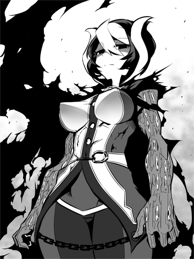 1girl black_eyes black_hair breasts commentary_request greyscale hair_between_eyes jin_(mugenjin) large_breasts looking_at_viewer looking_down made_in_abyss monochrome multicolored_hair ozen scar shaded_face short_hair solo two-tone_hair white_hair