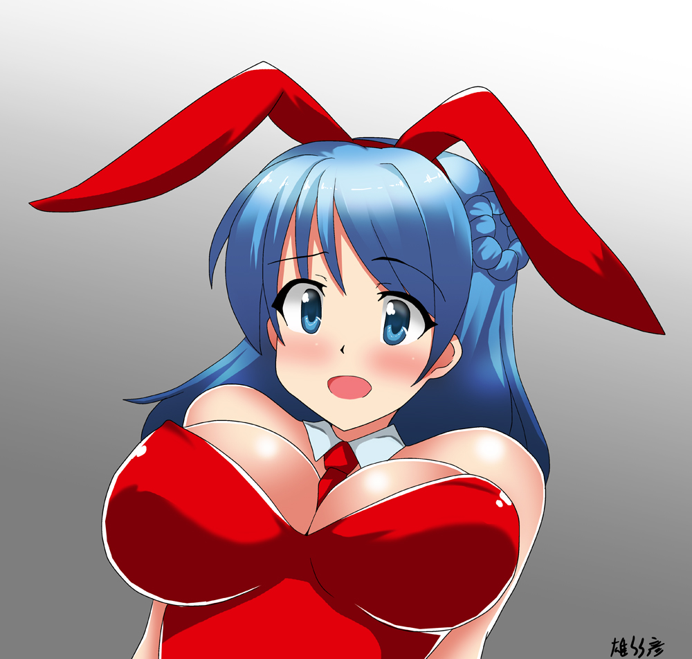 aketake animal_ears bare_shoulders blue_eyes blue_hair breasts bunnysuit cleavage detached_collar double_bun fake_animal_ears kantai_collection large_breasts leotard necktie open_mouth rabbit_ears red_leotard red_neckwear smile strapless strapless_leotard upper_body urakaze_(kantai_collection)