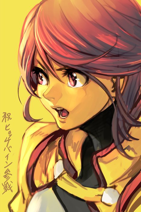 1girl bangs commentary_request copyright_request from_side hankuri jacket open_mouth pink_eyes redhead simple_background solo translation_request upper_body yellow_background yellow_jacket