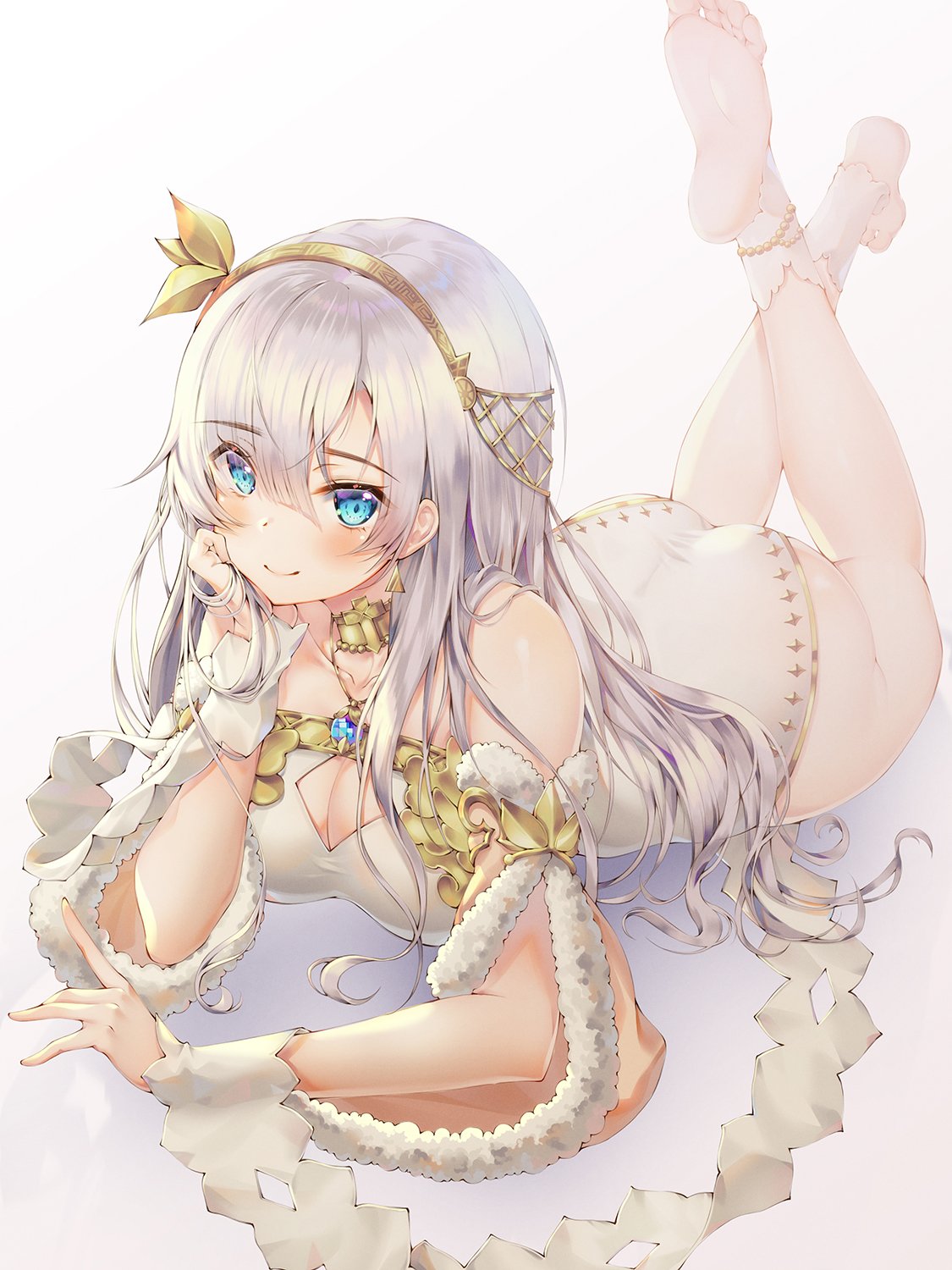 1girl anastasia_(fate/grand_order) anklet ass bangs bare_legs bare_shoulders barefoot blue_eyes blush breasts chin_rest cleavage cleavage_cutout closed_mouth collarbone detached_sleeves dress earrings eyebrows eyebrows_visible_through_hair fate/grand_order fate_(series) feet feet_up full_body fur-trimmed_sleeves fur_trim hair_between_eyes hairband highres jewelry large_breasts legs_up long_hair looking_at_viewer lying mellozzo on_stomach sidelocks silver_hair simple_background smile soles solo strapless strapless_dress the_pose thighs toes very_long_hair white_background wrist_cuffs