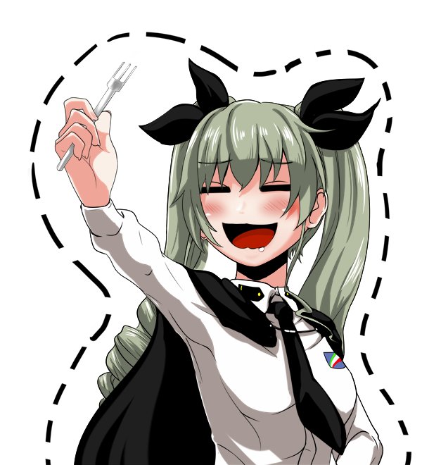 1girl :d anchovy anzio_school_uniform arm_up bangs black_cape black_neckwear black_ribbon cape dotted_line dress_shirt drill_hair emblem fork girls_und_panzer green_hair hair_ribbon holding long_hair long_sleeves looking_to_the_side necktie open_mouth outline red_eyes ribbon saliva school_uniform shirt simple_background smile solo standing twin_drills twintails upper_body white_background white_shirt wing_collar yaruku