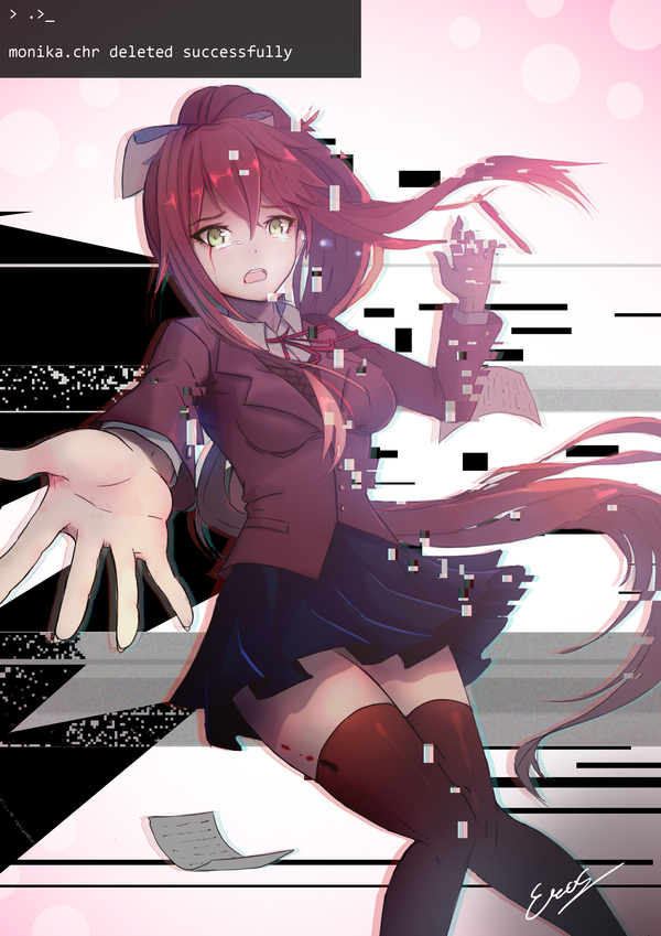 1girl anaglyph artist_name bangs black_legwear blazer blood bloody_tears blue_skirt bow breasts brown_hair collared_shirt commentary crying crying_with_eyes_open d: doki_doki_literature_club english english_commentary erospanda feet_out_of_frame foreshortening glitch gradient gradient_background green_eyes grey_jacket hair_bow hand_up jacket knees_together_feet_apart long_hair long_sleeves looking_at_viewer medium_breasts monika_(doki_doki_literature_club) open_mouth outstretched_arm outstretched_hand paper pen pink_background pleated_skirt polka_dot polka_dot_background ponytail reaching_out ribbon school_uniform shirt sidelocks signature simple_background skirt solo spoilers tears thigh-highs vest white_background white_bow white_ribbon white_shirt wing_collar zettai_ryouiki