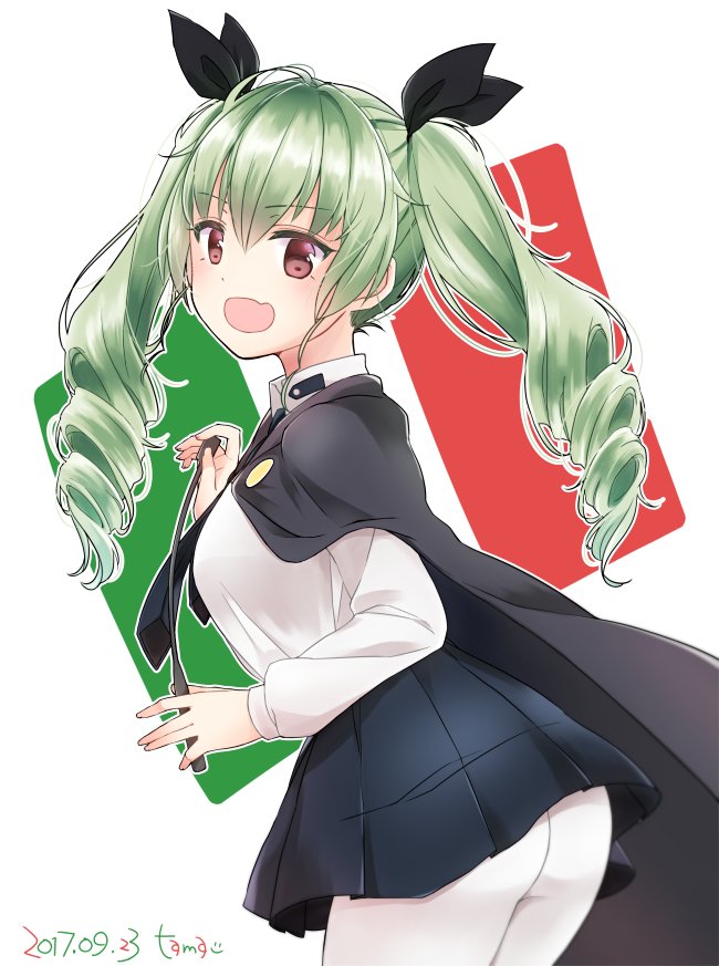 1girl anchovy anzio_school_uniform artist_name ass bangs black_cape black_neckwear black_ribbon black_skirt cape commentary dated dress_shirt drill_hair eyebrows_visible_through_hair fang from_side girls_und_panzer green_hair hair_ribbon holding italian_flag long_hair long_sleeves looking_at_viewer miniskirt necktie open_mouth pantyhose pleated_skirt red_eyes ribbon riding_crop school_uniform shirt signature skirt smile solo standing tam_a_mat twin_drills twintails white_legwear white_shirt