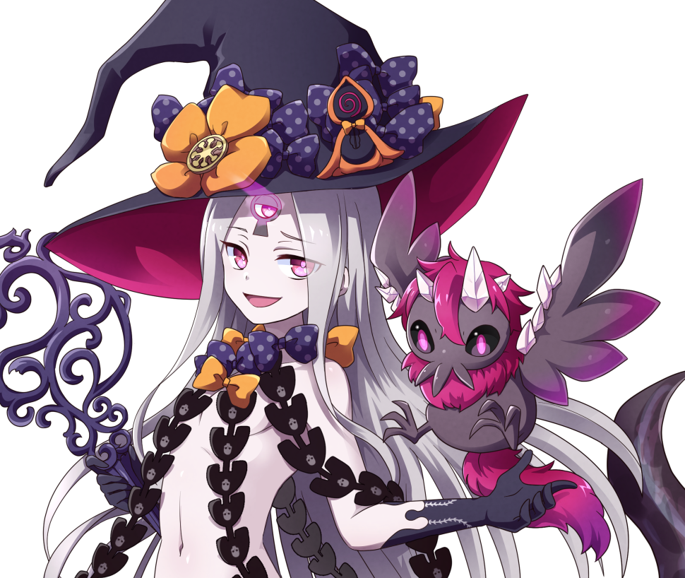 1girl abigail_williams_(fate/grand_order) animal bangs black_bow black_gloves black_hat bow breasts elbow_gloves fate/grand_order fate_(series) gloves hat hat_bow hikage_sumihito holding holding_key key long_hair orange_bow pale_skin parted_bangs revealing_clothes simple_background small_breasts solo very_long_hair white_background white_hair witch_hat