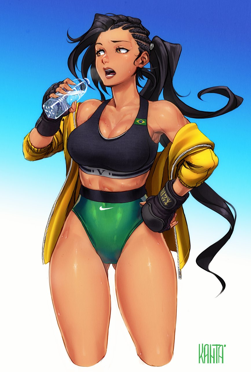 1girl alternate_costume alternate_hairstyle asymmetrical_hair black_hair bottle brazilian_flag breasts brown_eyes cleavage commentary cornrows cropped_legs dark_skin fingerless_gloves gloves gluteal_fold hand_on_hip highres jacket kanta-kun large_breasts laura_matsuda lips long_hair looking_to_the_side midriff nike nose official_art open_clothes open_jacket open_mouth ponytail short_shorts shorts solo sports_bra standing street_fighter street_fighter_v sweat sweating thighs water_bottle