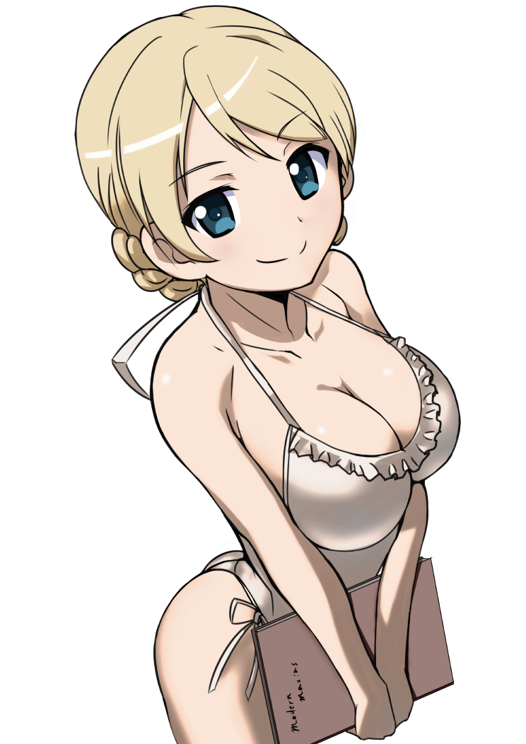 1girl aegis_(nerocc) bangs bikini blonde_hair blue_eyes braid breasts cleavage closed_mouth collarbone commentary darjeeling eyebrows_visible_through_hair frilled_bikini frills from_side front-tie_bikini front-tie_top girls_und_panzer holding_menu large_breasts looking_at_viewer short_hair side-tie_bikini simple_background smile solo standing swimsuit tied_hair twin_braids white_background white_bikini