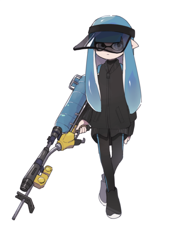 1girl :| bangs black_footwear black_jacket black_pants blue_hair blunt_bangs closed_mouth commentary_request domino_mask e-liter_4k_(splatoon) full_body gomi_(kaiwaresan44) gun holding holding_gun holding_weapon inkling jacket long_hair long_sleeves looking_at_viewer mask pants pointy_ears scope see-through shoes simple_background single_vertical_stripe solo splatoon splatoon_2 standing tentacle_hair visor_cap weapon white_background