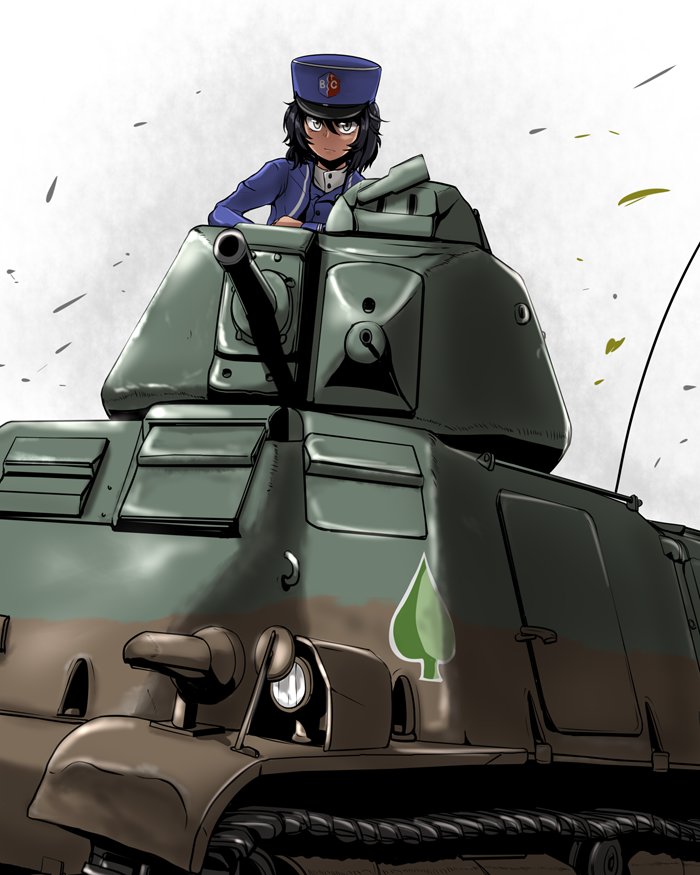 1girl andou_(girls_und_panzer) bangs bc_freedom_(emblem) bc_freedom_military_uniform black_hair blue_hat blue_jacket blue_vest brown_eyes closed_mouth commentary_request dark_skin dress_shirt emblem girls_und_panzer ground_vehicle hat high_collar jacket leaf light_frown long_sleeves looking_at_viewer medium_hair military military_hat military_uniform military_vehicle motor_vehicle s35 shako_cap shirt solo spade_(shape) tank uniform vest white_background white_shirt wind yaruku