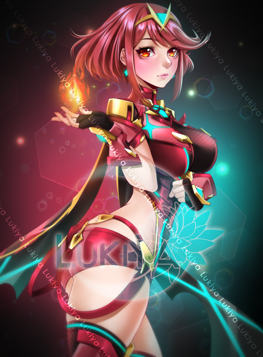 1girl armor artist_name ass bangs blush breasts cowboy_shot earrings eyelashes fingerless_gloves fire gloves hair_ornament highres jewelry large_breasts looking_at_viewer lukiyachan pyra_(xenoblade) pyrokinesis red_eyes red_shorts redhead short_hair short_shorts shorts sidelocks swept_bangs tiara xenoblade xenoblade_2