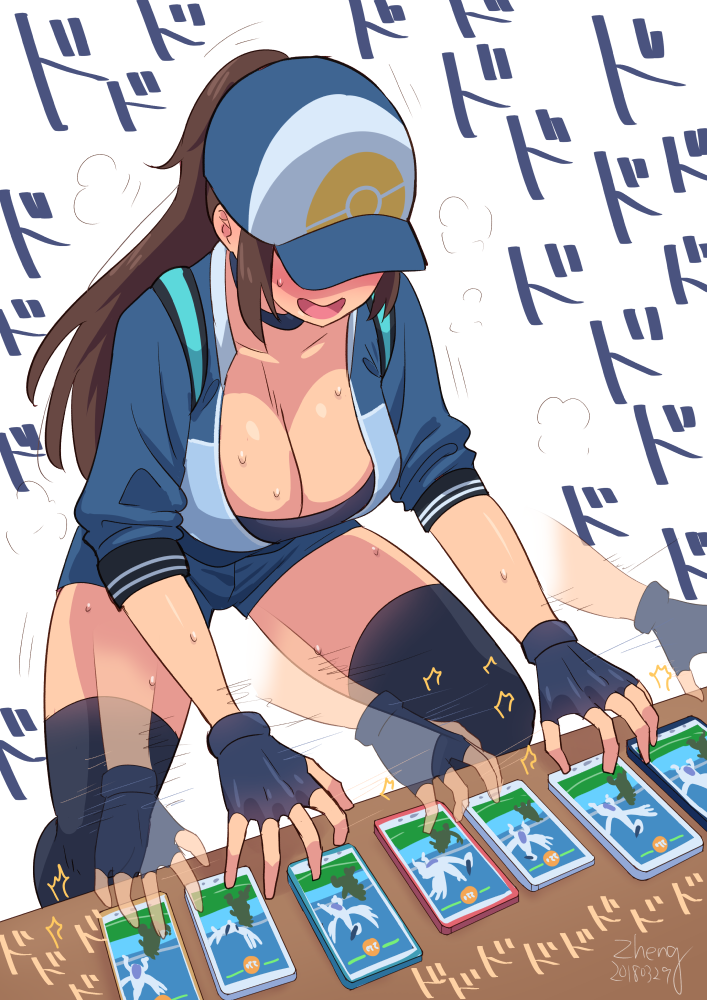1girl artist_name baseball_cap black_legwear blush breasts brown_hair cellphone cleavage covered_eyes dated female_protagonist_(pokemon_go) fingerless_gloves gloves hat large_breasts long_hair lugia motion_lines open_mouth phone pokemon pokemon_go ponytail short_shorts shorts signature simple_background smartphone smile solo standing sweatdrop thigh-highs too_many white_background zheng