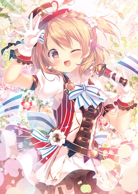 1girl ;d animal_ears bangs belt blush bow bowtie braid breasts commentary_request cup dress fake_animal_ears flower french_braid frilled_gloves frills gloves gochuumon_wa_usagi_desu_ka? hair_bow hair_flower hair_ornament hand_up hat holding holding_microphone hoto_cocoa idol looking_at_viewer microphone mitsumomo_mamu one_eye_closed one_side_up open_mouth orange_eyes orange_hair pinky_out puffy_short_sleeves puffy_sleeves rabbit_ears ribbon sash short_sleeves sideboob smile solo striped striped_neckwear striped_ribbon teacup
