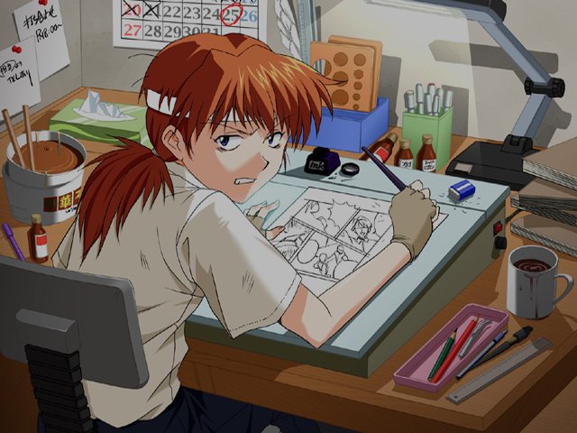 1girl calendar_(object) cup desk drawing eraser fingerless_gloves from_behind gloves headband inkwell jbbetz long_hair looking_at_viewer looking_back mug neon_genesis_evangelion orange_hair pencil sitting solo souryuu_asuka_langley