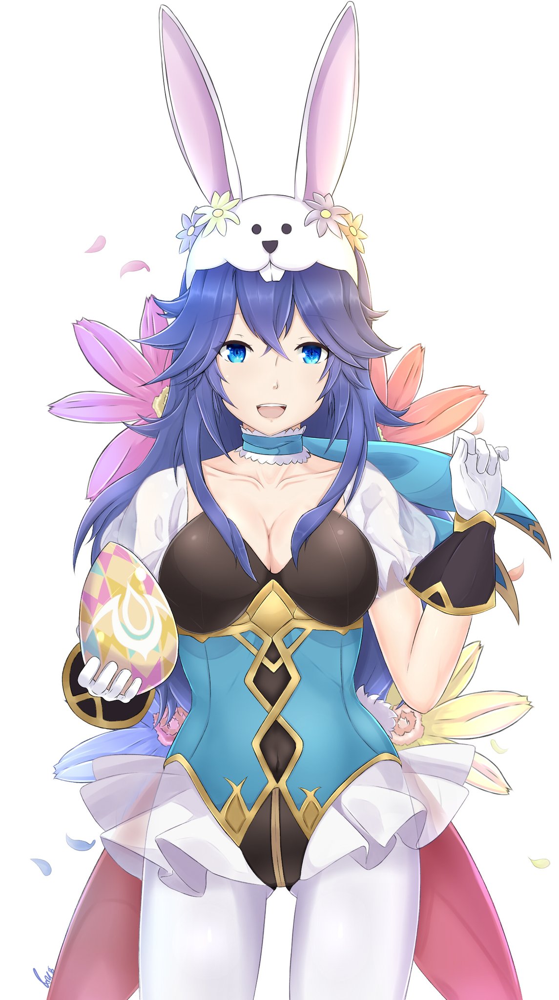 1girl animal_ears artist_request blue_hair bunny_girl bunny_tail bunnysuit detached_collar fake_animal_ears fire_emblem fire_emblem:_kakusei fire_emblem_heroes gloves hair_ornament highres leotard long_hair looking_at_viewer lucina rabbit_ears simple_background solo strapless strapless_leotard tail tiara wrist_cuffs