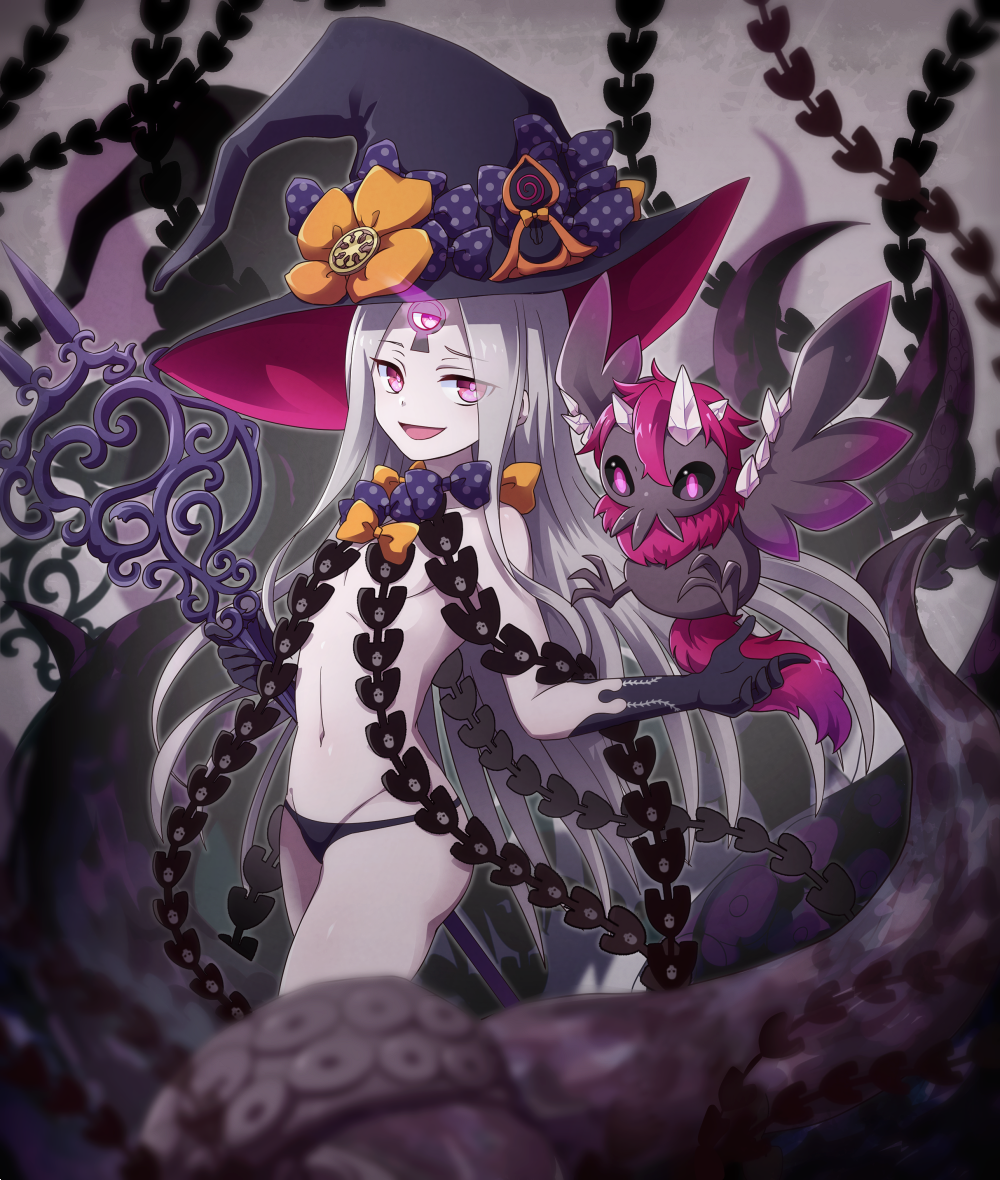 1girl :d abigail_williams_(fate/grand_order) animal bangs black_bow black_gloves black_hat black_panties bow breasts commentary_request elbow_gloves eyebrows_visible_through_hair fate/grand_order fate_(series) gloves grey_hair groin hat hat_bow hikage_sumihito holding holding_key key long_hair looking_at_viewer navel open_mouth orange_bow pale_skin panties parted_bangs polka_dot polka_dot_bow revealing_clothes skull_print small_breasts smile solo suction_cups tentacle topless underwear very_long_hair violet_eyes witch_hat