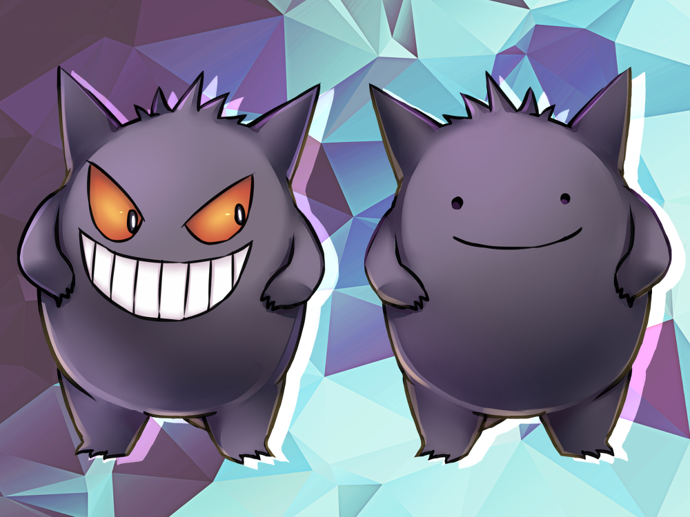 aqua_background creature ditto evil_smile full_body gen_1_pokemon gengar ghost no_humans orange_eyes ourin pokemon pokemon_(creature) purple_background smile standing transformed_ditto