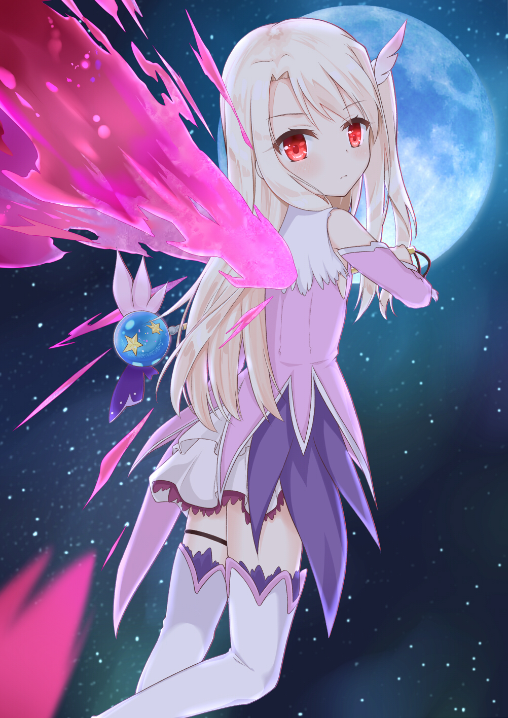 1girl aroma0501 bangs blonde_hair blurry blurry_foreground boots closed_mouth commentary_request depth_of_field detached_sleeves energy_wings eyebrows_visible_through_hair fate/kaleid_liner_prisma_illya fate_(series) feathers full_moon hair_feathers highres holding holding_wand illyasviel_von_einzbern long_hair long_sleeves looking_at_viewer looking_back magical_girl magical_ruby moon night night_sky one_side_up outdoors pink_feathers pink_shirt prisma_illya red_eyes shirt skirt sky sleeveless sleeveless_shirt solo star_(sky) starry_sky thigh-highs thigh_boots very_long_hair wand white_footwear white_legwear white_skirt