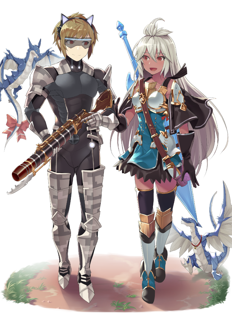 1boy 1girl :d ahoge animal_ears armor armored_boots armored_dress bayonet bodysuit boots breastplate brown_hair capelet commentary_request dark_skin fake_animal_ears gauntlets gloves gran_(granblue_fantasy) granblue_fantasy gun hairband hinami_(hinatamizu) long_hair mini_dragon open_mouth red_eyes rifle smile sunglasses sword the_order_grande thigh-highs weapon white_hair