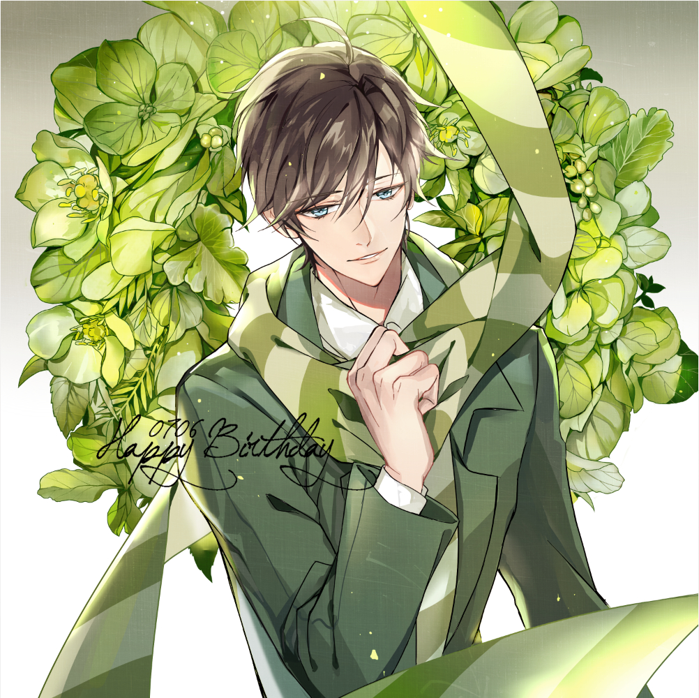 ahoge blue_eyes brown_hair character_check flower gao_yingjie gradient gradient_background green_scarf grey_background hand_up happy_birthday quan_zhi_gao_shou s_(olath) scarf standing striped striped_scarf upper_body