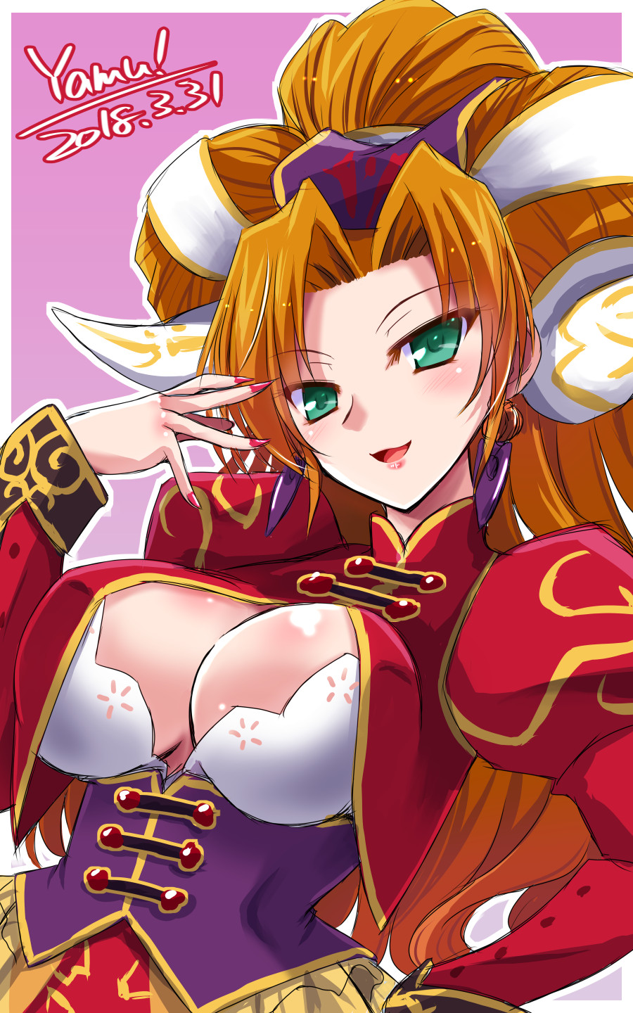 1girl blush breasts cleavage commentary_request corset dated earrings fingernails grandia grandia_ii green_eyes hand_on_hip hand_on_own_face head_tilt highres jacket jewelry juliet_sleeves large_breasts long_hair long_sleeves looking_at_viewer millenia_(grandia) nail_polish puffy_sleeves redhead sharp_fingernails signature smile solo yamu_(reverse_noise)