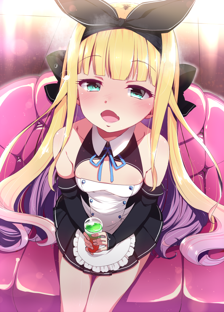 1girl apron bangs bare_shoulders black_bow black_dress black_ribbon blonde_hair blush bow commentary_request couch cup detached_sleeves dream_c_club dream_c_club_(series) dress drinking_glass eyebrows_visible_through_hair fingernails frilled_apron frills gradient_hair green_eyes hair_bow hair_ribbon holding holding_drinking_glass long_hair long_sleeves looking_at_viewer mononobe_alice multicolored_hair natsumi_akira nijisanji on_couch open_mouth pleated_dress purple_hair ribbon saliva sitting sleeves_past_wrists solo very_long_hair virtual_youtuber waist_apron white_apron