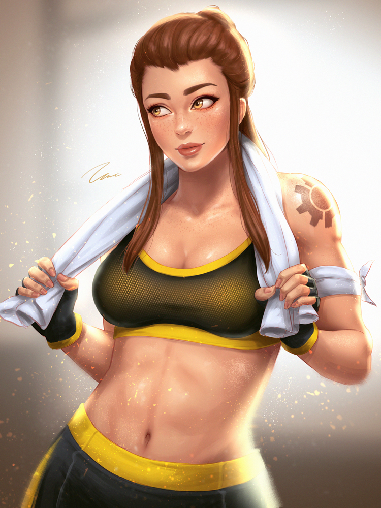 1girl arm_tattoo breasts brigitte_(overwatch) brown_eyes brown_hair cleavage fingerless_gloves freckles gloves medium_breasts navel overwatch ponytail smile solo sports_bra stomach sweat tattoo toned towel umigraphics upper_body