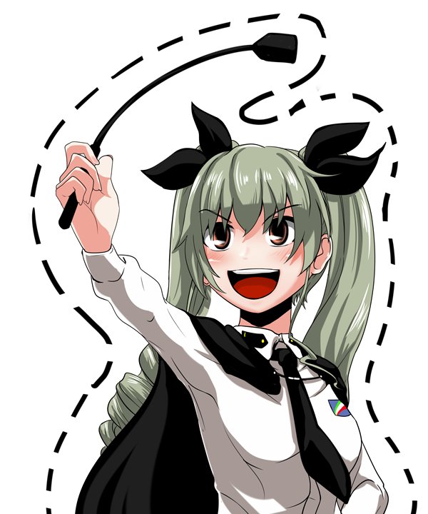 1girl :d anchovy anzio_school_uniform arm_up bangs black_cape black_neckwear black_ribbon cape dotted_line dress_shirt drill_hair emblem girls_und_panzer green_hair hair_ribbon holding long_hair long_sleeves looking_to_the_side necktie open_mouth outline red_eyes ribbon riding_crop school_uniform shirt simple_background smile solo standing twin_drills twintails upper_body v-shaped_eyebrows white_background white_shirt wing_collar yaruku