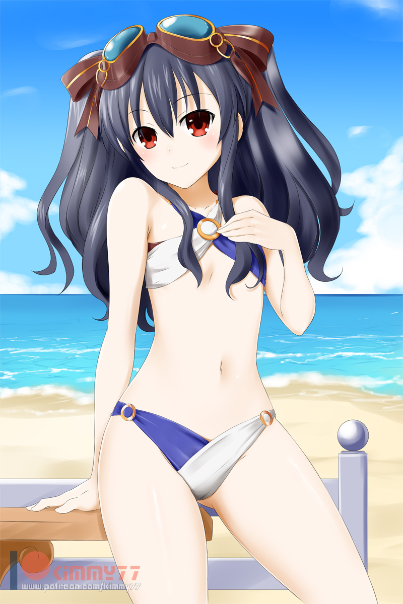 1girl alfred_cullado bare_shoulders beach bikini black_hair blush breasts cowboy_shot day four_goddesses_online:_cyber_dimension_neptune goggles goggles_on_head hair_between_eyes highres navel neptune_(series) ocean outdoors red_eyes small_breasts smile solo swimsuit two_side_up uni_(choujigen_game_neptune)