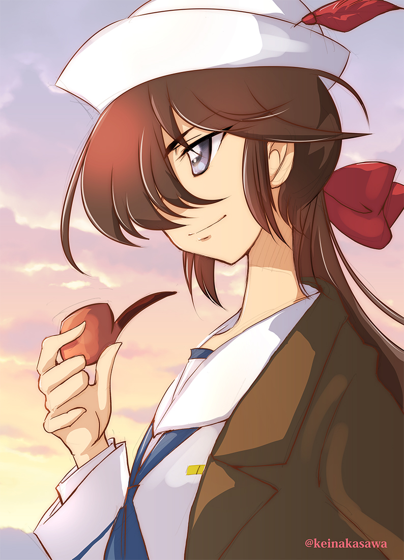 1girl bangs black_hair blouse blue_eyes blue_neckwear bow closed_mouth clouds cloudy_sky commentary dark_skin dixie_cup_hat eyebrows_visible_through_hair from_side girls_und_panzer hair_bow hair_over_one_eye hat hat_feather holding long_hair long_sleeves military_hat nakasawa_kei neckerchief ogin_(girls_und_panzer) ooarai_naval_school_uniform outdoors pipe profile red_bow sailor school_uniform sky smile solo standing twilight twitter_username very_long_hair