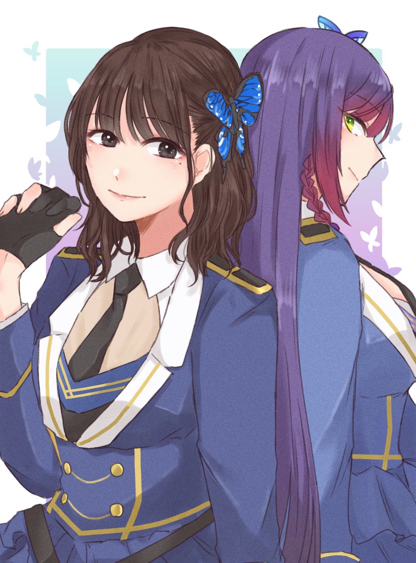 2girls aqua_background arm_at_side assault_lily back-to-back bangs belt black_belt black_gloves black_necktie blue_jacket blue_skirt border braid breasts brown_eyes brown_hair butterfly_background butterfly_hair_ornament closed_mouth collared_shirt commentary cosplay epaulettes funada_kiito funada_kiito_(cosplay) gloves gradient gradient_background green_eyes hair_between_eyes hair_ornament half_gloves hand_up ishii_haruna jacket large_breasts long_hair long_sleeves looking_at_viewer looking_to_the_side medium_hair mole mole_under_eye multicolored_background multiple_girls necktie nigari_(ngari_0115) outside_border partially_fingerless_gloves profile purple_background purple_hair real_life shirt side_braid sideways_glance skirt smile standing symbol-only_commentary upper_body very_long_hair voice_actor voice_actor_connection white_border white_shirt