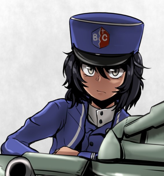 1girl andou_(girls_und_panzer) animal_ears bangs bc_freedom_(emblem) bc_freedom_military_uniform black_hair blue_hat blue_jacket blue_vest brown_eyes closed_mouth dark_skin dress_shirt emblem girls_und_panzer hat high_collar jacket leaf light_frown long_sleeves looking_at_viewer medium_hair military military_hat military_uniform rabbit_ears shako_cap shirt solo spade_(shape) tank_cupola uniform vest white_background white_shirt wind yaruku