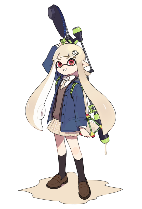 1girl bangs black_jacket black_legwear blue_coat blunt_bangs brown_footwear coat domino_mask dress_shirt full_body gomi_(kaiwaresan44) grey_sweater grin gun hair_ornament hero_charger_(splatoon) holding holding_gun holding_weapon inkling jacket loafers long_hair long_sleeves looking_at_viewer mask necktie open_clothes open_coat open_jacket over_shoulder paint_splatter plaid plaid_skirt pointy_ears red_eyes school_uniform shirt shoes skirt smile socks solo splat_bomb_(splatoon) splatoon splatoon_1 standing sweater tentacle_hair v-neck weapon white_background white_hair white_neckwear white_shirt white_skirt wing_collar