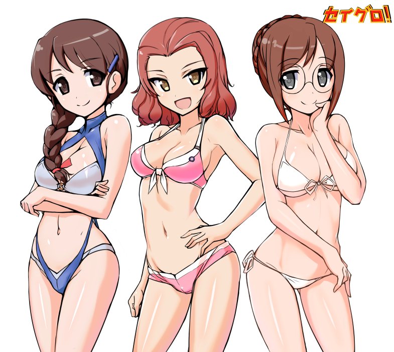 3girls aegis_(nerocc) bangs bikini braid breasts brown_eyes brown_hair check_commentary closed_mouth commentary_request contrapposto cowboy_shot crossed_arms crown_braid eyebrows_visible_through_hair front-tie_bikini front-tie_top girls_und_panzer glasses hair_ornament hair_over_shoulder hair_tie hairclip hand_on_hip hand_on_own_cheek large_breasts layered_bikini logo_parody logo_request long_hair looking_at_viewer lowleg lowleg_bikini medium_breasts multiple_girls navel nilgiri o-ring_bikini open_mouth parted_bangs pink_bikini redhead rosehip round_eyewear rukuriri short_hair side-tie_bikini single_braid slingshot_swimsuit smile standing swimsuit white_background white_bikini