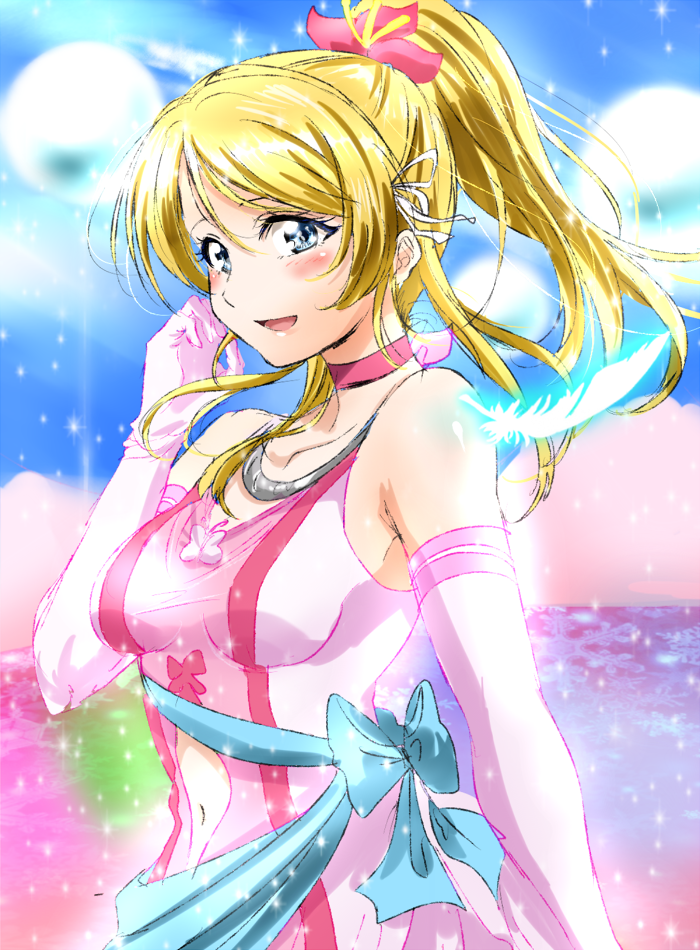 1girl :d ayase_eli blonde_hair blue_eyes blue_feathers bokutachi_wa_hitotsu_no_hikari choker dress elbow_gloves feathers flower gloves glowing_feather hair_flower hair_ornament hair_ribbon hand_on_own_cheek jewelry looking_at_viewer love_live! love_live!_school_idol_project navel_cutout necklace open_mouth pink_dress ponytail red_choker ribbon sash shogo_(4274732) smile solo sparkle upper_body white_gloves white_ribbon