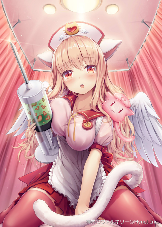 1girl :3 :o akkijin angel_wings animal_ears bangs bare_shoulders bed between_legs blown_kiss blush border breasts cat_ears cat_tail catcine_(shinkai_no_valkyrie) crying crying_with_eyes_open curtains detached_sleeves dress feathers foreshortening full_body hand_between_legs hat heart indoors large_breasts large_syringe long_hair looking_at_viewer no_shoes nurse nurse_cap official_art on_bed open_mouth outstretched_arm oversized_object paw_print pink_hair red_eyes red_legwear shinkai_no_valkyrie short_dress sitting sleeves_past_wrists solo sparkle spread_legs striped striped_legwear syringe tail tears thigh-highs very_long_hair wariza wings zettai_ryouiki