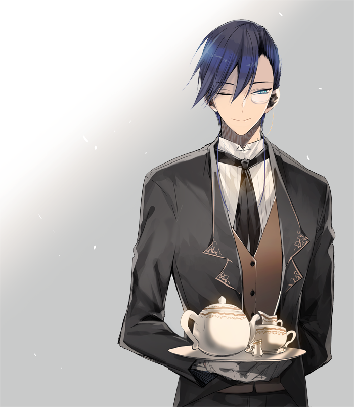 1boy black_jacket black_neckwear blue_eyes blue_hair brown_vest butler closed_mouth commentary_request cup gloves grey_background hair_between_eyes holding jacket korean_commentary long_sleeves male_focus monocle necktie one_eye_closed original seucapeu shirt smile solo standing teacup teapot tray vest white_gloves white_shirt