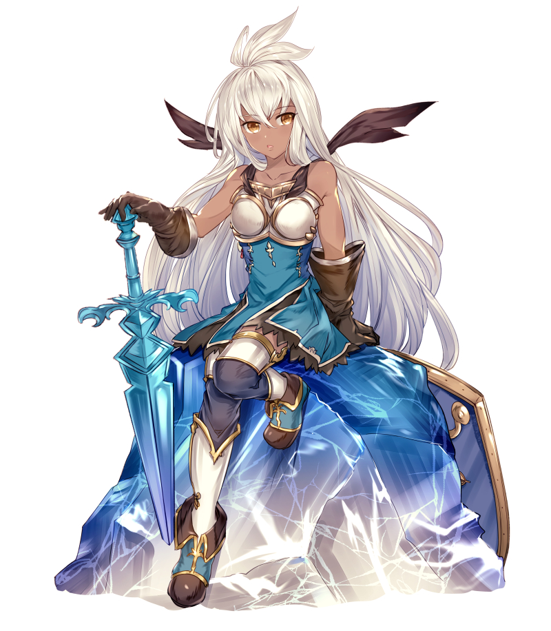 1girl ahoge armor armored_dress boots breastplate commentary_request dark_skin dress gloves granblue_fantasy ice leather leather_gloves long_hair looking_at_viewer red_eyes shield short_dress sitting slee solo sword the_order_grande thigh-highs weapon white_hair