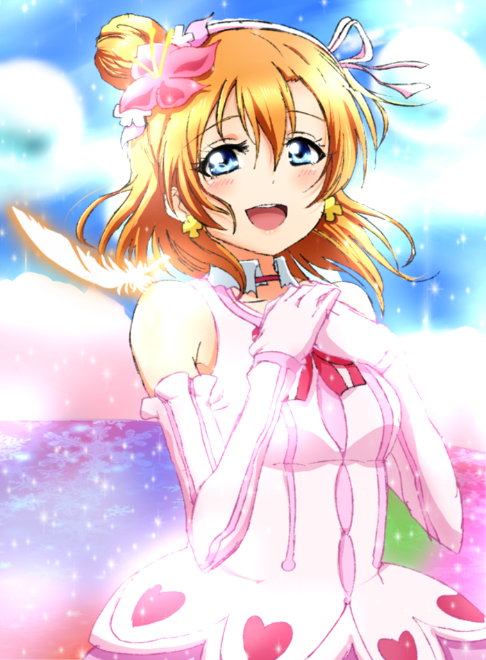1girl :d bangs blue_eyes bokutachi_wa_hitotsu_no_hikari clover_earrings collared_dress dress elbow_gloves feathers flower frilled_gloves frills gloves glowing_feather hair_flower hair_ornament hair_ribbon hairband hands_on_own_chest heart heart_print kousaka_honoka looking_at_viewer love_live! love_live!_school_idol_project open_mouth orange_feathers orange_hair pink_dress ribbon shogo_(4274732) side_bun smile solo sparkle striped_neckwear tears