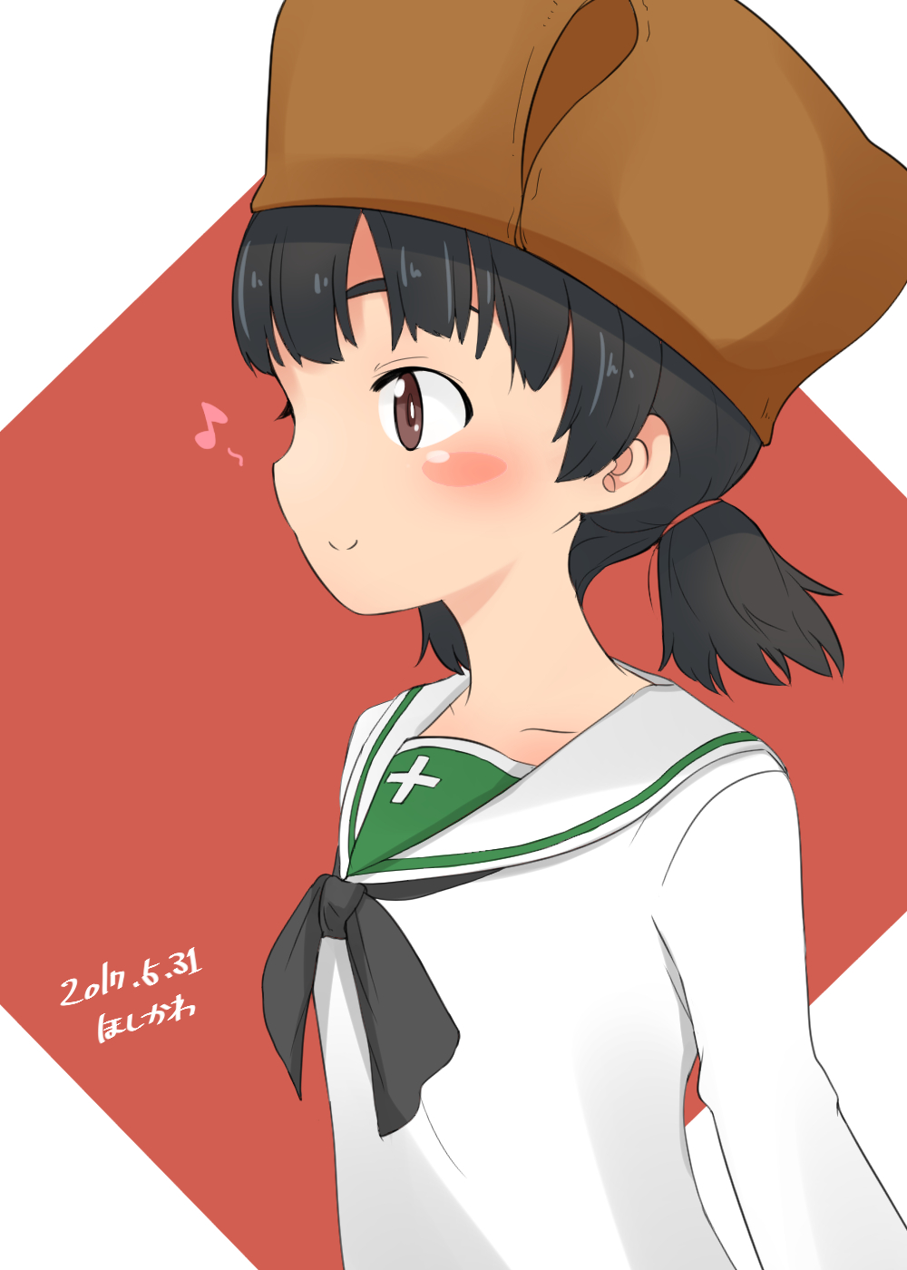 1girl alternate_costume artist_name bangs black_neckwear blouse blue_eyes blush_stickers brown_hair brown_hat check_commentary closed_mouth commentary commentary_request dated from_side fur_hat girls_und_panzer hair_tie hat highres hoshikawa_(hoshikawa_gusuku) long_sleeves looking_to_the_side musical_note neckerchief nina_(girls_und_panzer) ooarai_school_uniform quarter_note school_uniform serafuku short_hair short_twintails smile solo standing twintails upper_body ushanka white_blouse