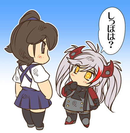 2girls azur_lane boots brown_eyes brown_hair chibi comic commentary_request full_body gloves gradient gradient_background grey_hair hair_between_eyes hair_ornament hand_to_own_mouth hisahiko iron_cross jacket japanese_clothes kaga_(kantai_collection) kantai_collection lowres military military_uniform multiple_girls orange_eyes pleated_skirt prinz_eugen_(azur_lane) side_ponytail skirt standing star star-shaped_pupils symbol-shaped_pupils thigh-highs translated twintails uniform