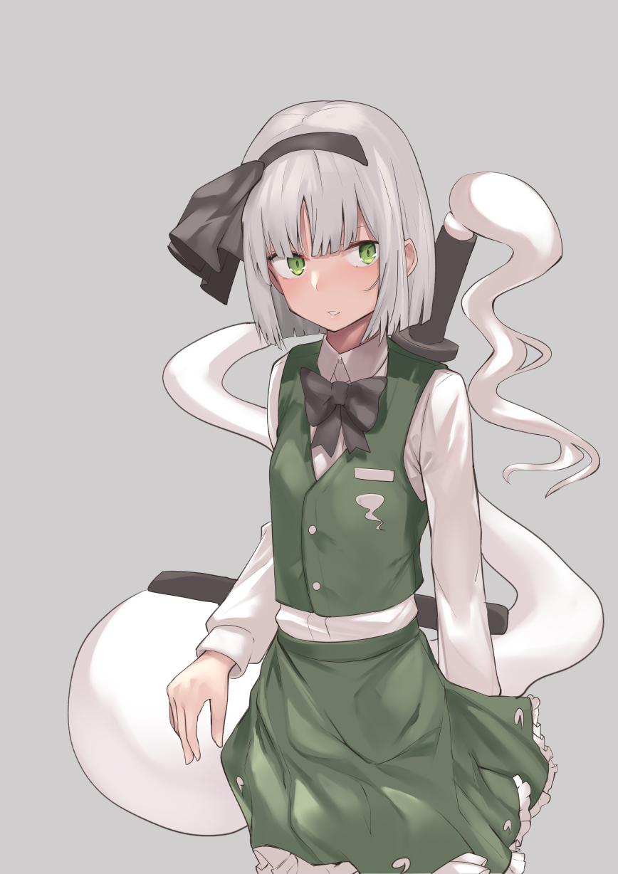 1girl arm_behind_back asuzemu bangs black_bow black_hairband black_neckwear black_ribbon blunt_bangs blunt_ends bob_cut bow bowtie buttons collared_shirt ears frilled_skirt frills ghost ghost_print ghost_tail green_eyes green_skirt green_vest grey_background hair_ribbon hairband highres hilt hitodama katana konpaku_youmu konpaku_youmu_(ghost) long_sleeves looking_to_the_side neck_bow open_mouth ribbon sheath sheathed shirt short_hair silver_hair simple_background skirt standing sword sword_behind_back touhou upper_body vest wakizashi weapon white_shirt