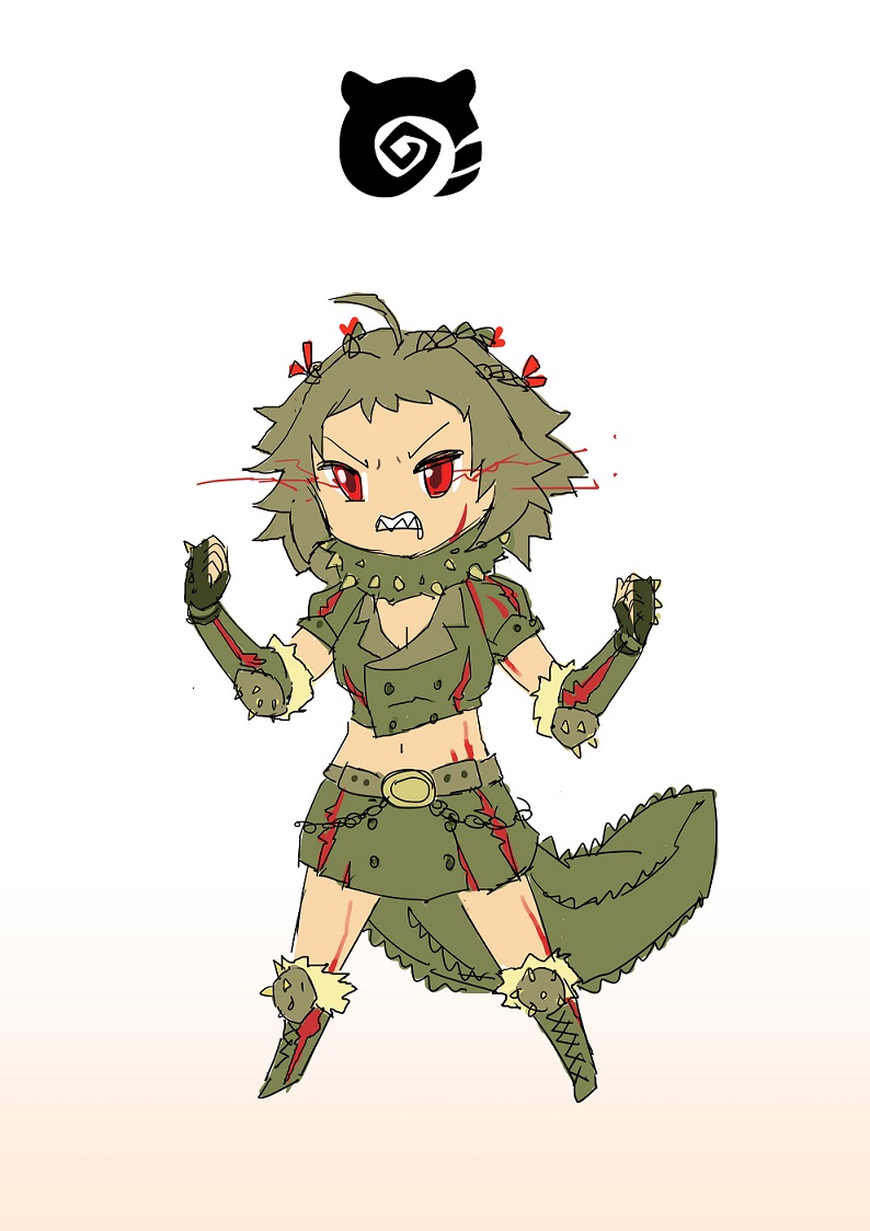 1girl ahoge belt boots braid buttons chains clenched_hands clenched_teeth cropped_vest cross-laced_footwear deviljho dinosaur_tail drooling elbow_pads energy fingerless_gloves full_body fur_trim gloves gooster green_hair green_skirt green_vest hands_up japari_symbol kemono_friends lace-up_boots medium_hair midriff monster_hunter navel no_nose parody personification red_eyes scar scarf sharp_teeth short_sleeves sketch skirt solo spikes standing stomach style_parody tail teeth v-shaped_eyebrows vambraces vest