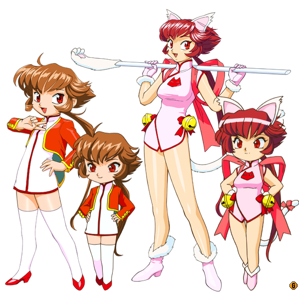 1girl 90s animal_ears animal_print bare_legs bell boots brown_hair carrying_over_shoulder cat_ears cat_print cat_tail chibi china_dress chinese_clothes chuukana_janshi_tenhou_pai-nyan dress dual_persona fur_trim hand_on_hip hands_on_hips holding holding_weapon long_hair long_sleeves multiple_views official_art open_mouth paw_stick pink_footwear polearm ponytail pumps red_eyes red_footwear redhead ribbon simple_background smile sonoda_ken'ichi standing tail tail_ribbon tenhou_pai-nyan thigh-highs v w_arms weapon white_background white_legwear