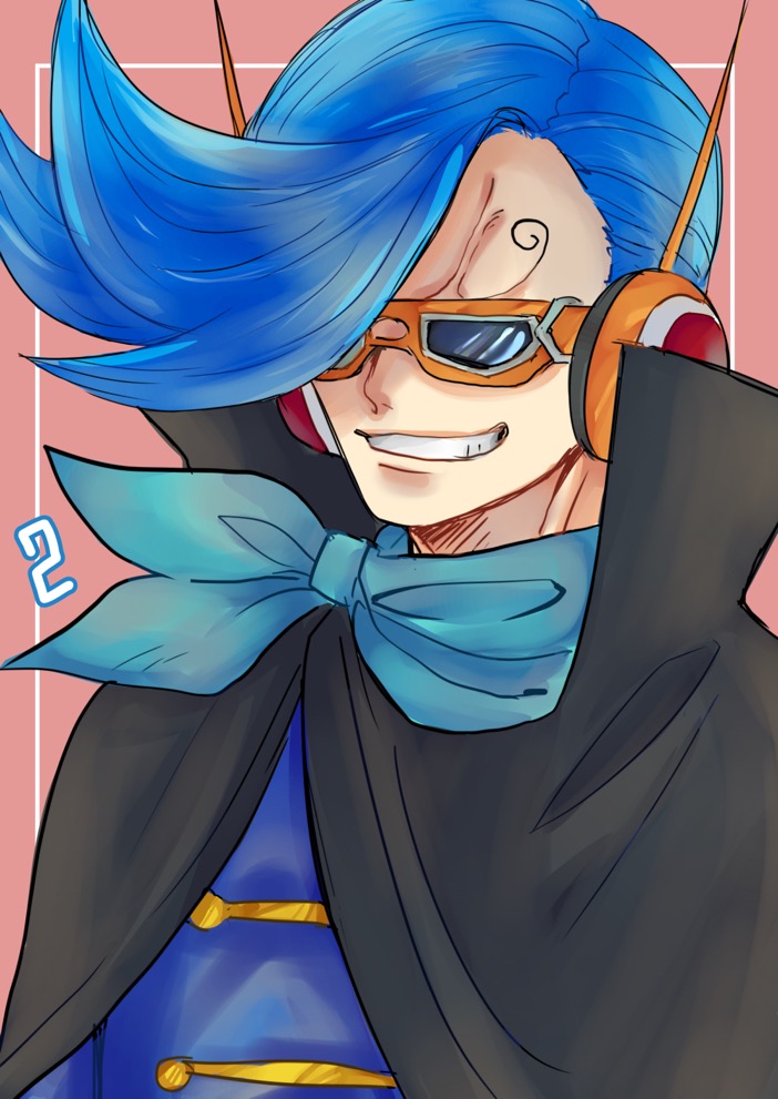 1boy blue_hair cape headphones male_focus one_piece solo sunglasses teeth upper_body vinsmoke_niji