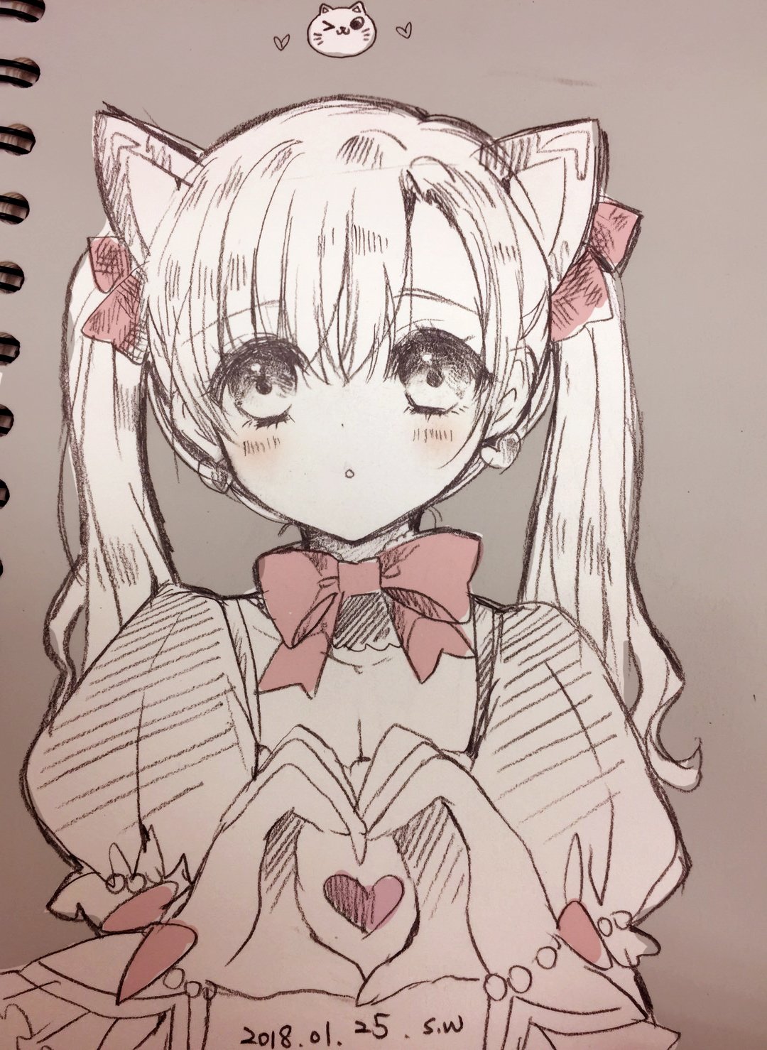 1girl :o animal_ears atobesakunolove black_cat_d.va blush bow bowtie cat_ears dated eyebrows_visible_through_hair hair_bow heart heart_hands highres looking_at_viewer monochrome overwatch parted_lips photo puffy_short_sleeves puffy_sleeves short_sleeves signature solo traditional_media twintails upper_body