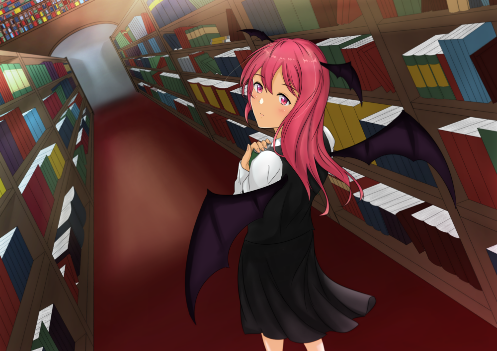 1girl `black_vest arch bangs black_skirt book bookshelf closed_mouth commentary_request demon_wings eyebrows_visible_through_hair feet_out_of_frame fingernails floor hair_between_eyes head_wings holding holding_book indoors koakuma library long_hair long_sleeves looking_at_viewer looking_back perspective red_eyes redhead shirt skirt solo standing the_key touhou vanishing_point white_shirt wings