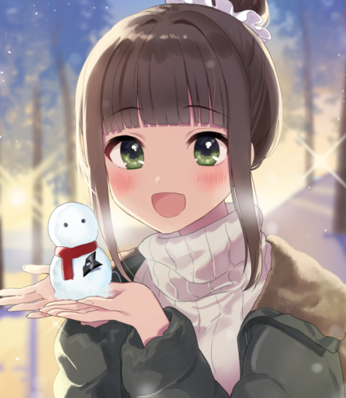 1girl :d blush brown_hair coat green_eyes hair_bun hair_ornament hair_scrunchie hamaguchi_ayame holding idolmaster idolmaster_cinderella_girls manio open_mouth ribbed_sweater scrunchie shuriken smile snowman solo sweater tree turtleneck turtleneck_sweater white_scrunchie