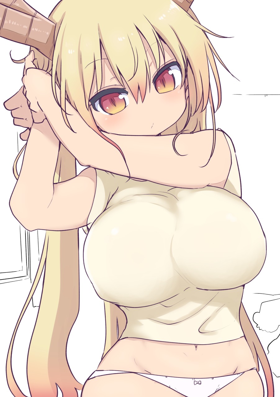 1girl blonde_hair breasts cool-kyou_shinja erect_nipples highres horns kobayashi-san_chi_no_maidragon large_breasts long_hair midriff navel panties red_eyes slit_pupils solo tooru_(maidragon) underwear very_long_hair white_panties